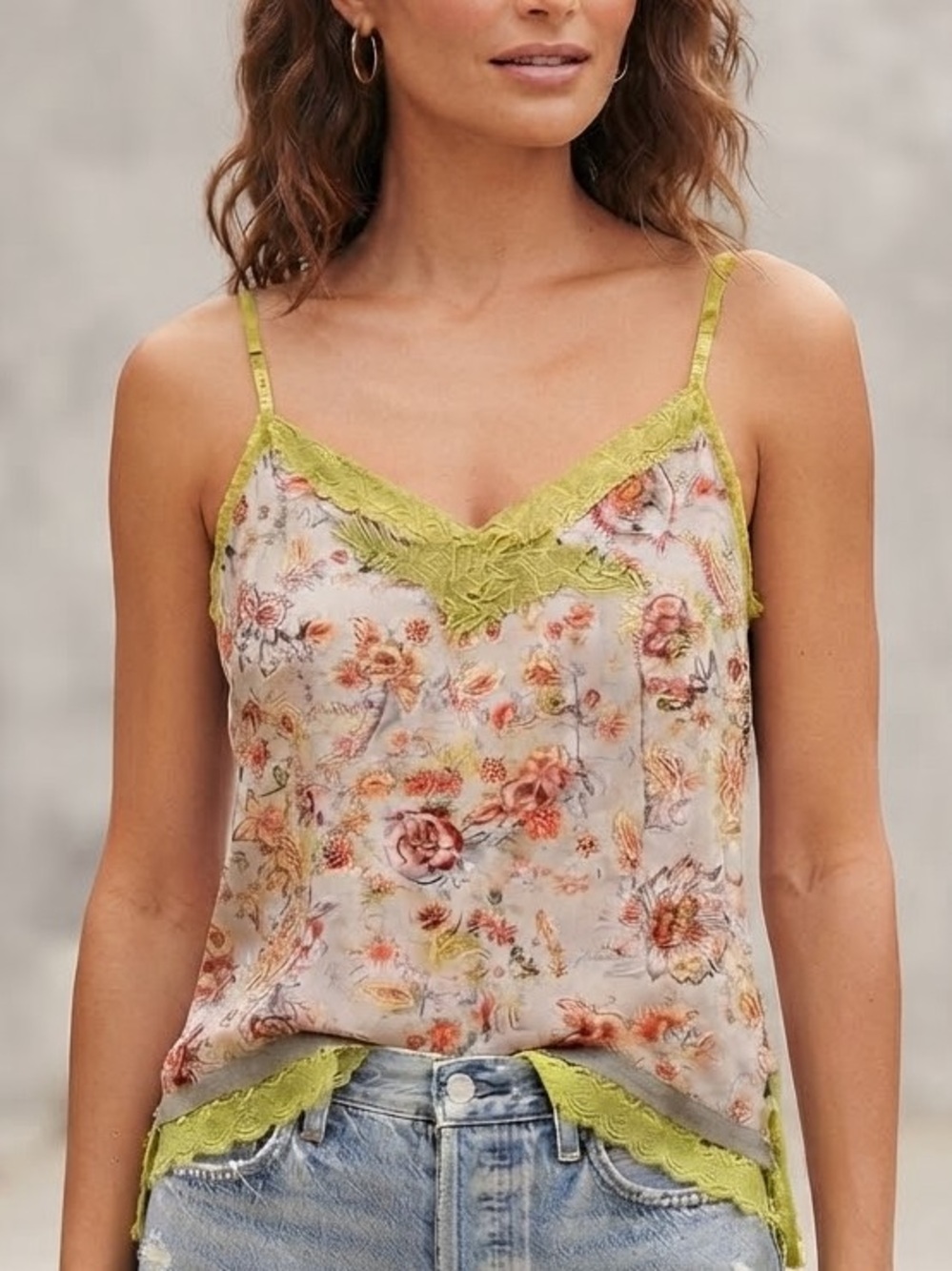 sandwich_| Light Blue Floral Lime Green Lace-Trim Camisole Blouse Sz 8